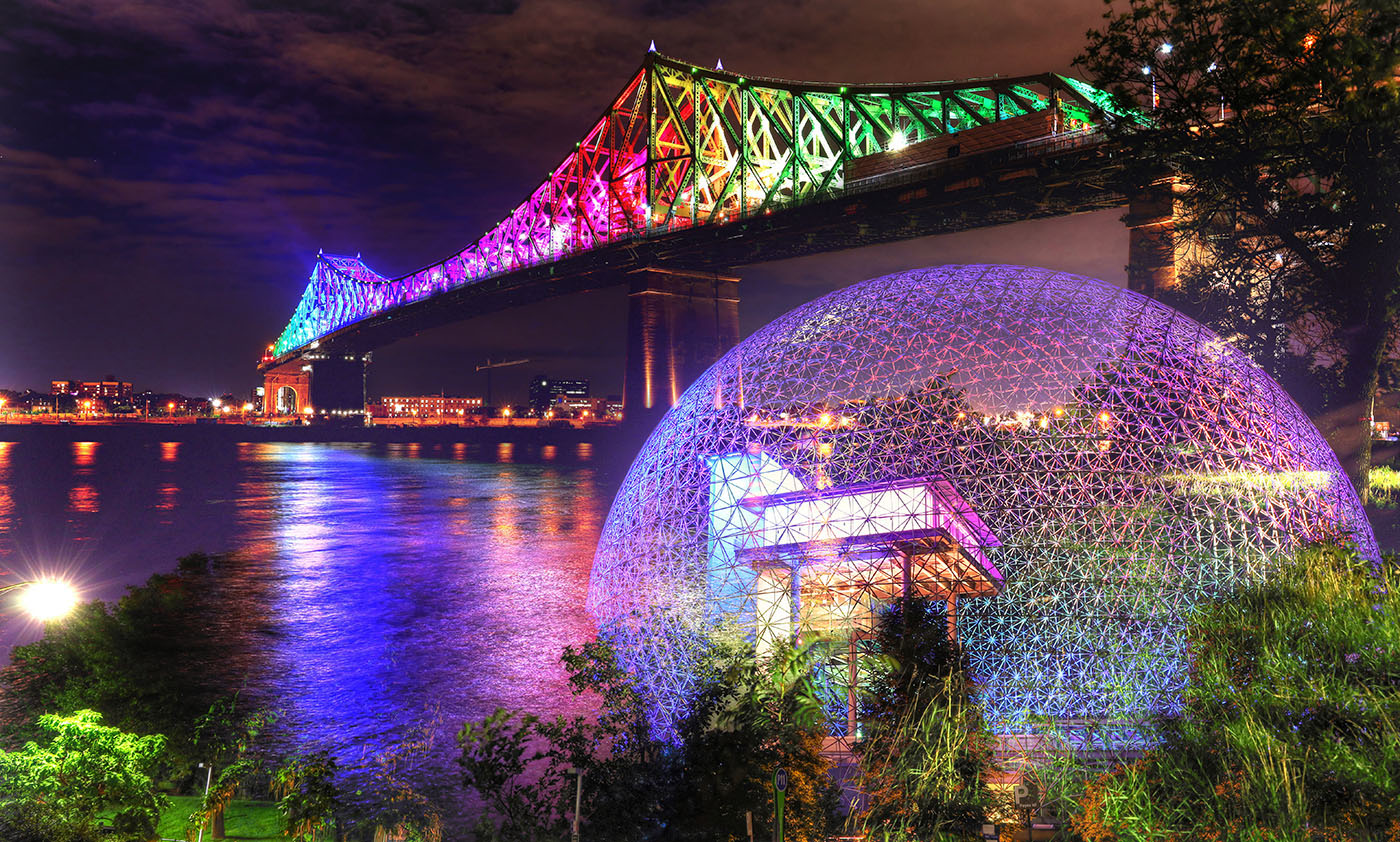 Montreal Jacques Cartier Bridge and Biosphere at Night Photo Montage - Stock Photos, Pictures & Images
