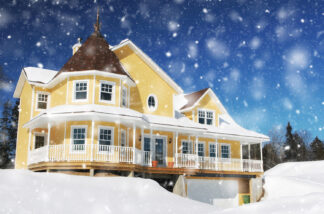 Cozy Modern Yellow House with Light Snow Fall - Just Colorful Stock Photos and Animations for all your Projects.