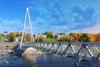 Modern Pedestrian River Cross Footbridge in Saguenay - Just Colorful Stock Photos and Animations for all your Projects.