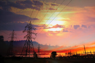 Electricity Related Photo Montage at Sunset - Just Colorful Stock Photos and Animations for all your Projects.