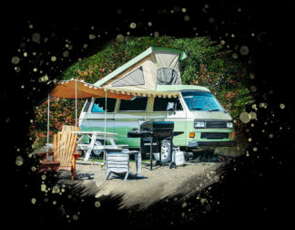 Vintage Camping Van on Black - Just Colorful Stock Photos and Animations for all your Projects.